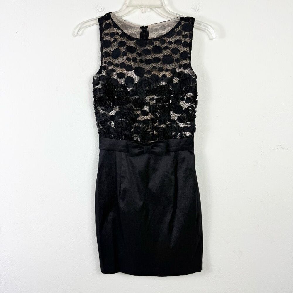 Jessica McClintock Black Floral Appliqué Lace Sheath Mini Dress Size 6